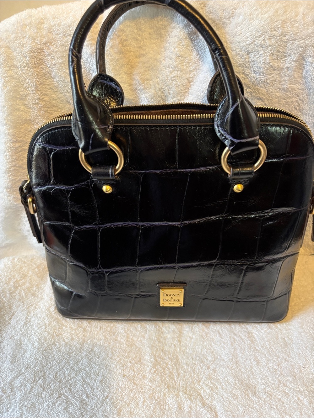 Dooney & Bourke Black Croc-Embossed Leather Satchel with Gold Hardware